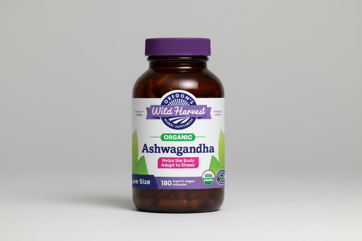 Oregon's Wild Harvest Organic Ashwagandha supplement bottle with purple cap and label.