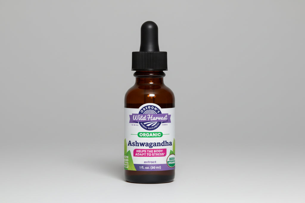 Bottle of Oregon's Wild Harvest Ashwagandha extract on a white background