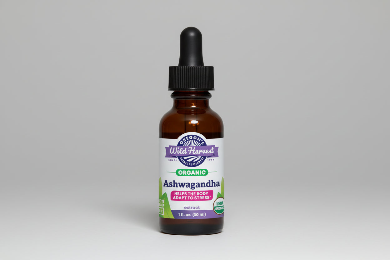 Bottle of Oregon's Wild Harvest Ashwagandha extract on a white background