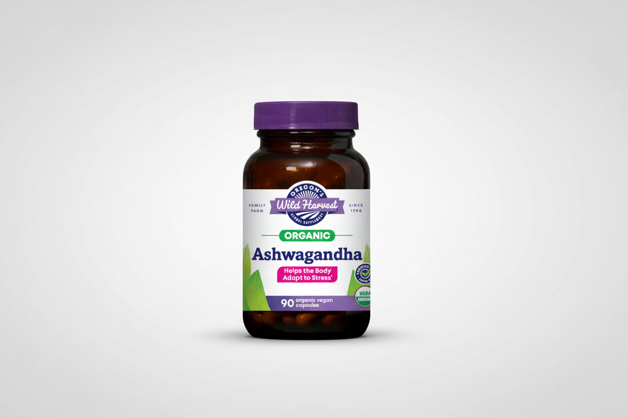 Oregon's Wild Harvest Organic Ashwagandha supplement bottle with purple cap