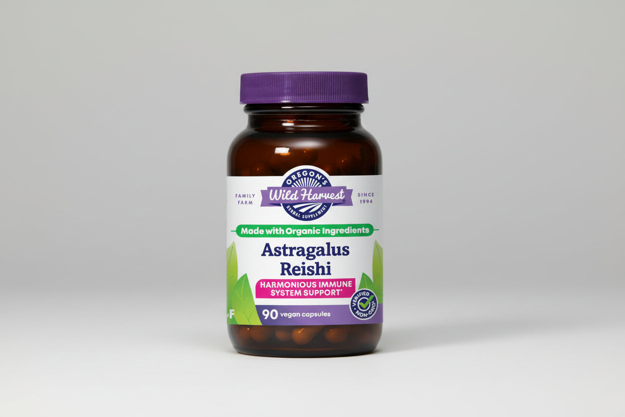 Oregon's Wild Harvest Astragalus Reishi supplement bottle with purple cap and label.