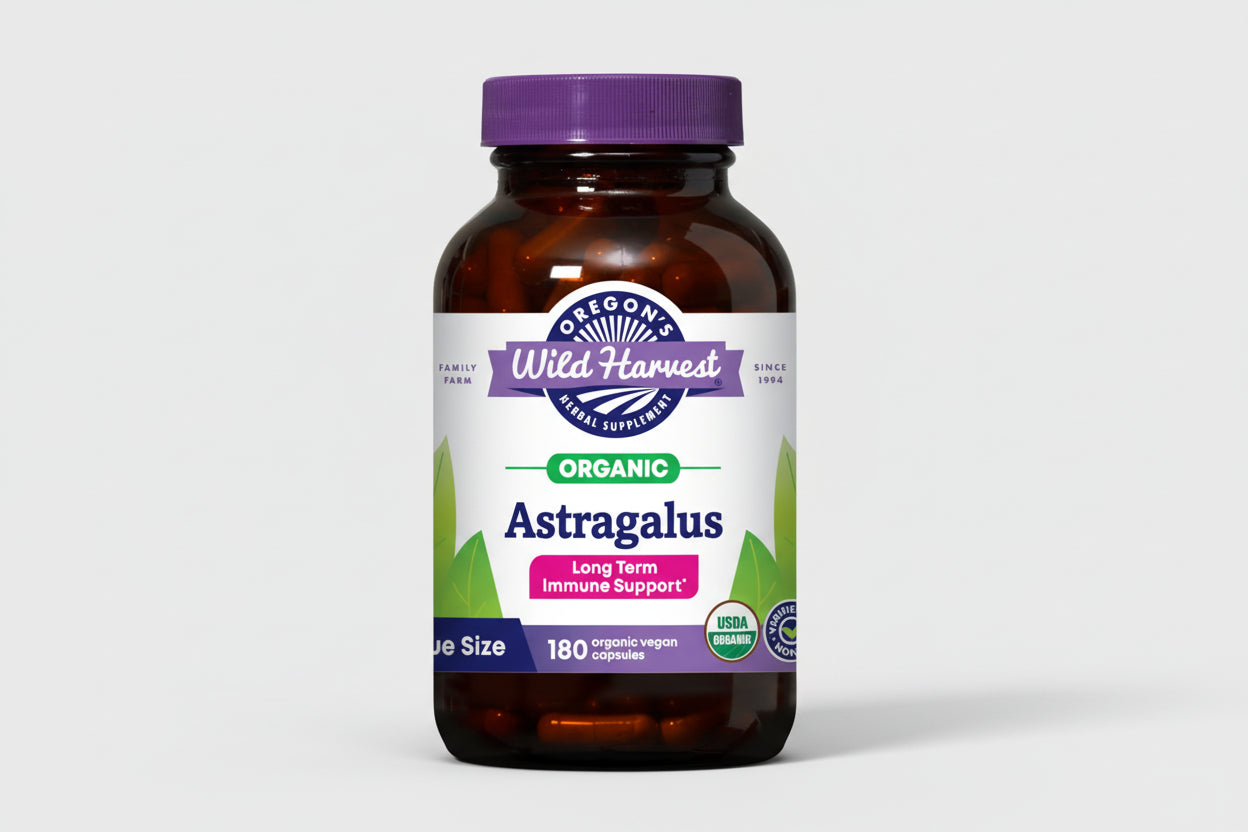 Oregon's Wild Harvest Astragalus supplement bottle with purple cap and label.