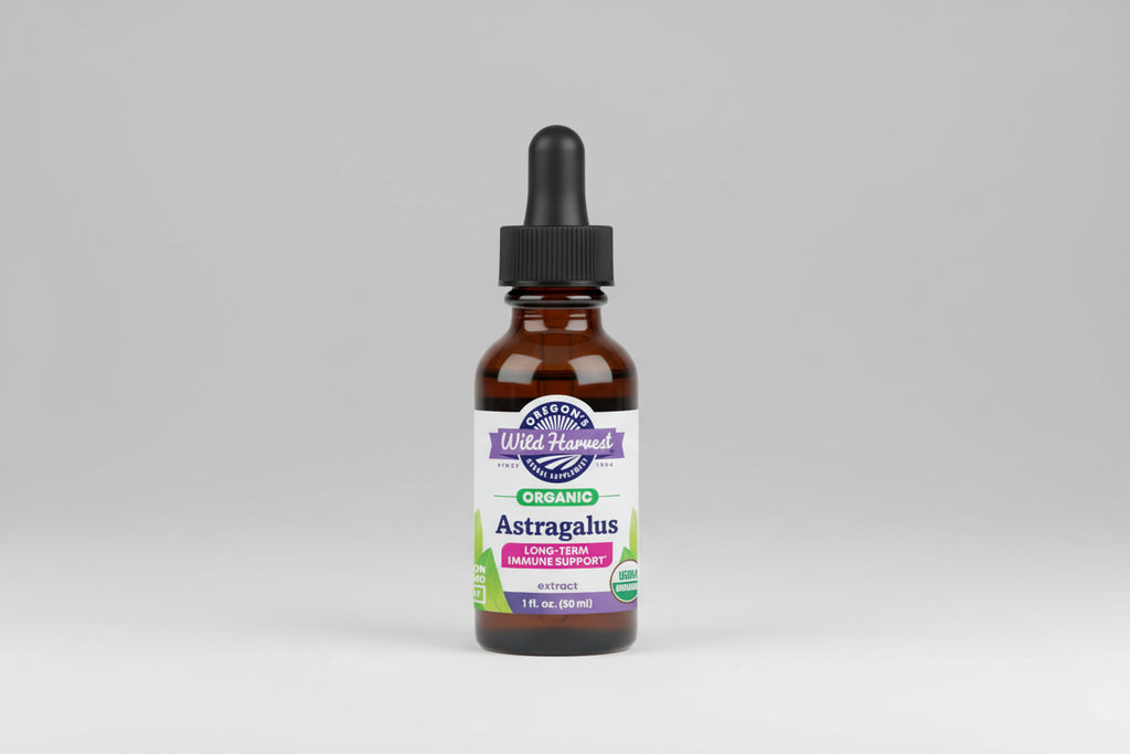 Bottle of Oregon's Wild Harvest Astragalus extract on a white background