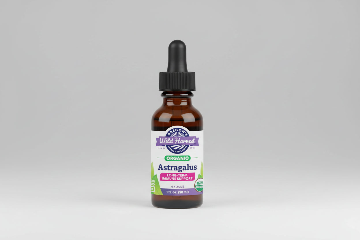 Bottle of Oregon's Wild Harvest Astragalus extract on a white background