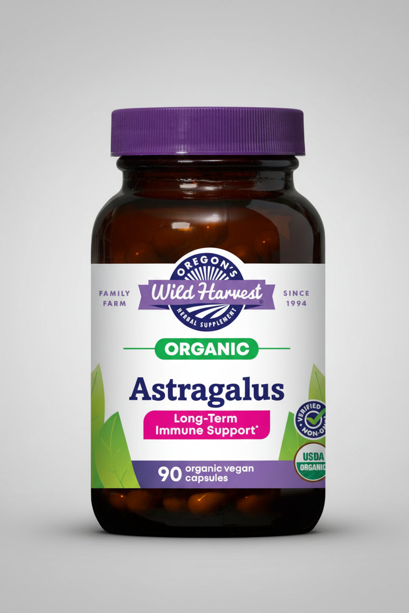 Oregon's Wild Harvest Astragalus supplement bottle with purple cap and label.