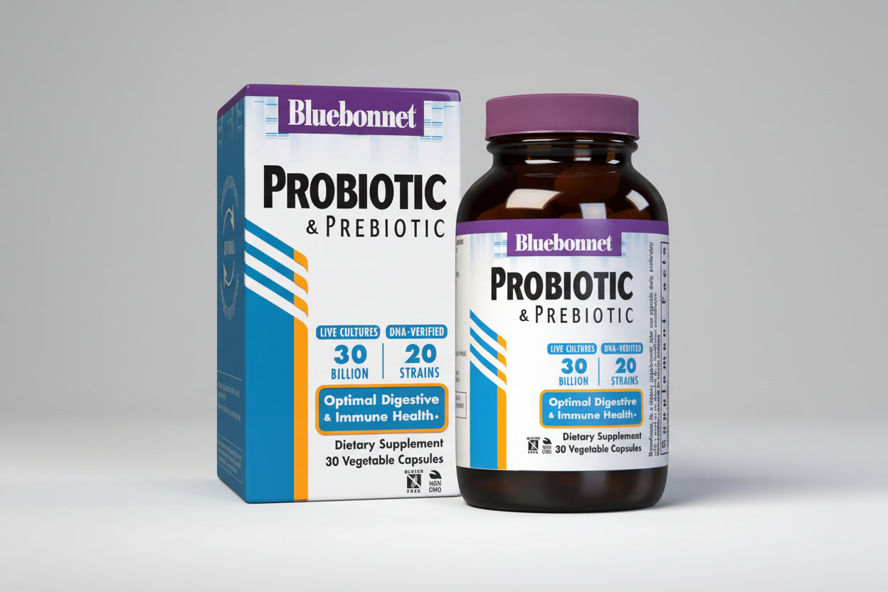 Bluebonnet Probiotic & Prebiotic supplement bottle and packaging on a white background