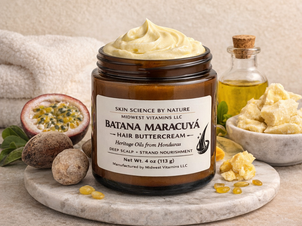 Jar of Batana Maracáé hair buttercream with ingredients on a marble board