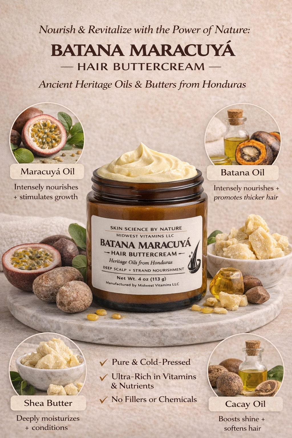 Promotional image of Batana Maracuyá hair buttercream with ingredients and benefits.