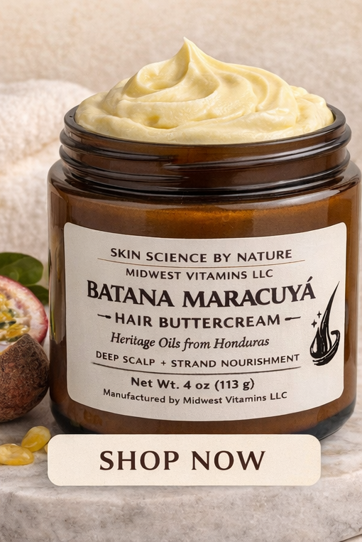 Jar of Batana Maracuyó hair buttercream with a label on a neutral background