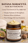 Jar of Batana Maracuyá hair buttercream with ingredients and benefits listed.