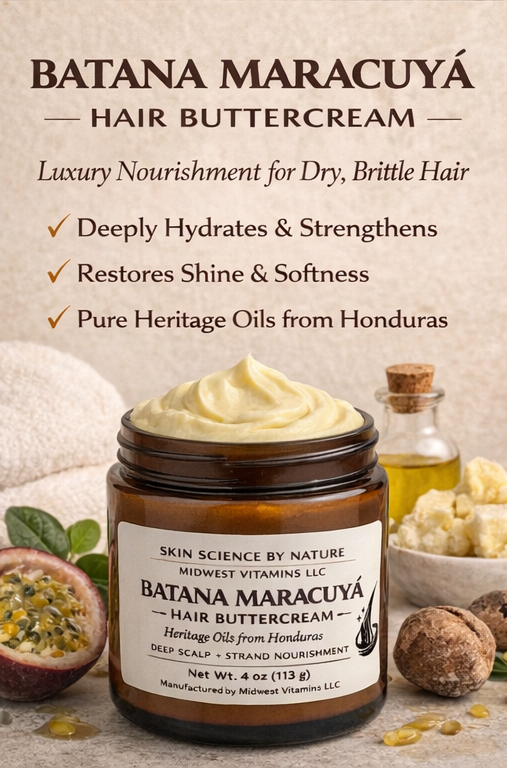 Jar of Batana Maracuyá hair buttercream with ingredients and benefits listed.