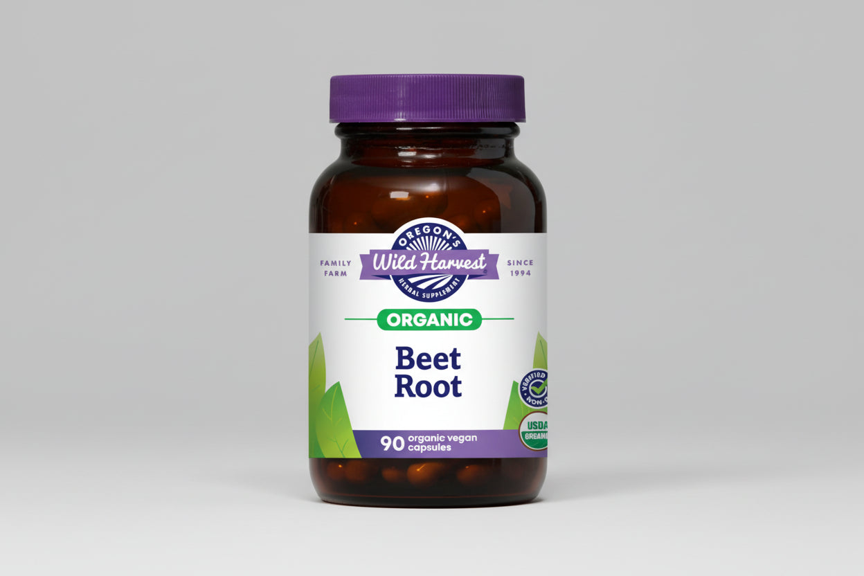 Oregon's Wild Harvest Organic Beet Root supplement bottle with purple cap