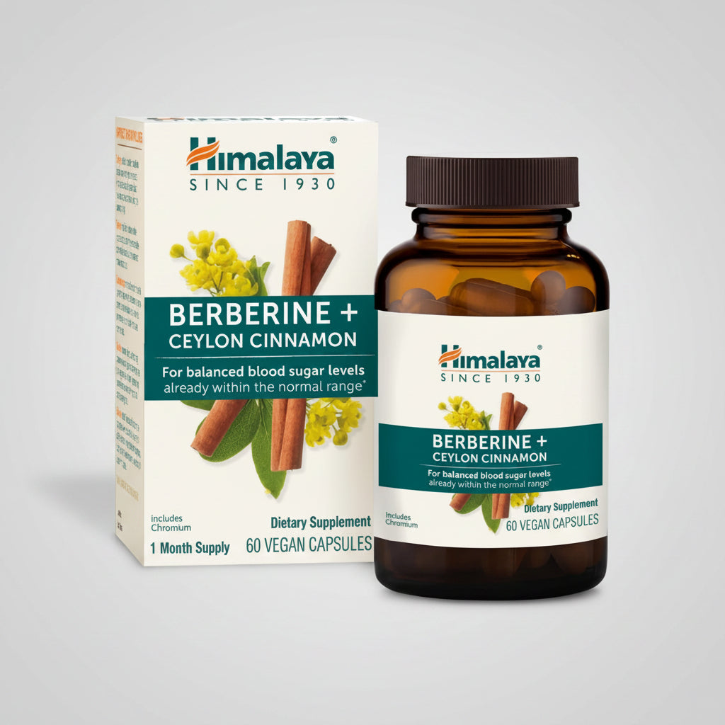 Himalaya Berberine + Ceylon Cinnamon dietary supplement bottle and packaging on a white background