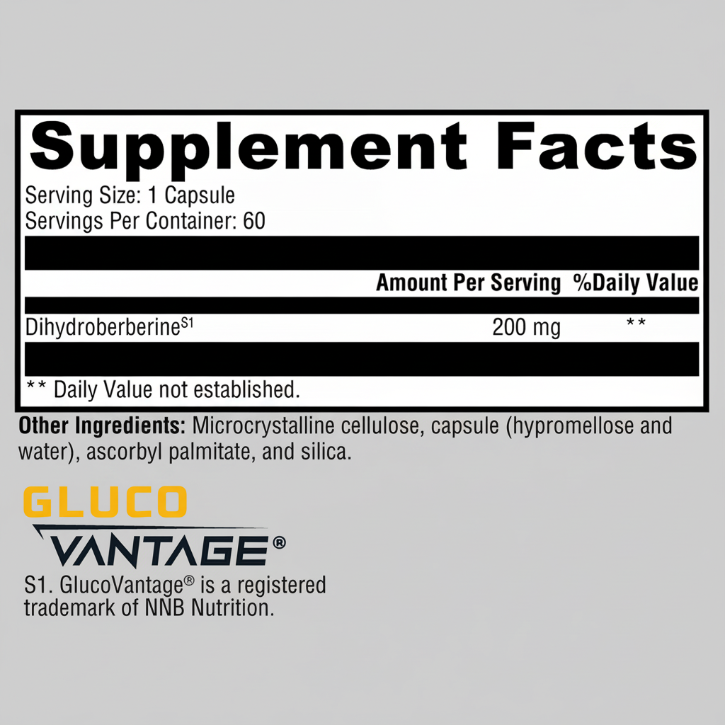 Supplement facts label for a product called GlucoVantage on a white background