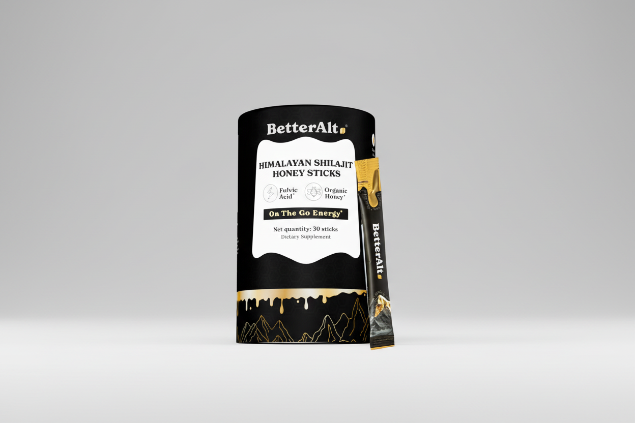 BetterAlt Himalayan Shilajit Honey Sticks packaging with a stick displayed.