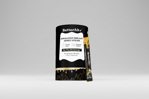 BetterAlt Himalayan Shilajit Honey Sticks packaging with a stick displayed.