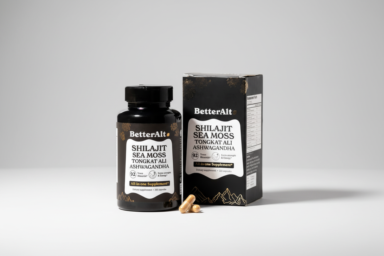 BetterAlt Shilajit Sea Moss supplement bottle and packaging on a white background
