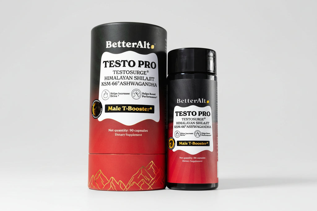 Two containers of BetterAlt Testo Pro Male T-Booster on a white background