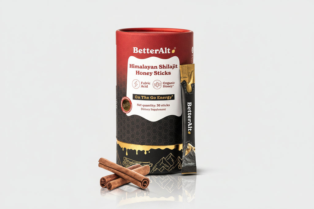 BetterAlt Himalayan Shilajit Honey Sticks packaging with honey sticks on a white background