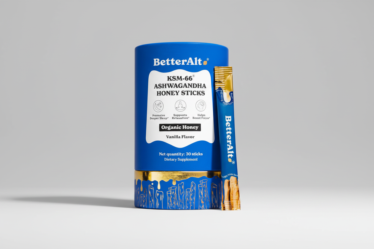 BetterAlt KSM-66 Ashwagandha Honey Sticks packaging with a stick visible.