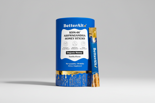 BetterAlt KSM-66 Ashwagandha Honey Sticks packaging with a stick visible.