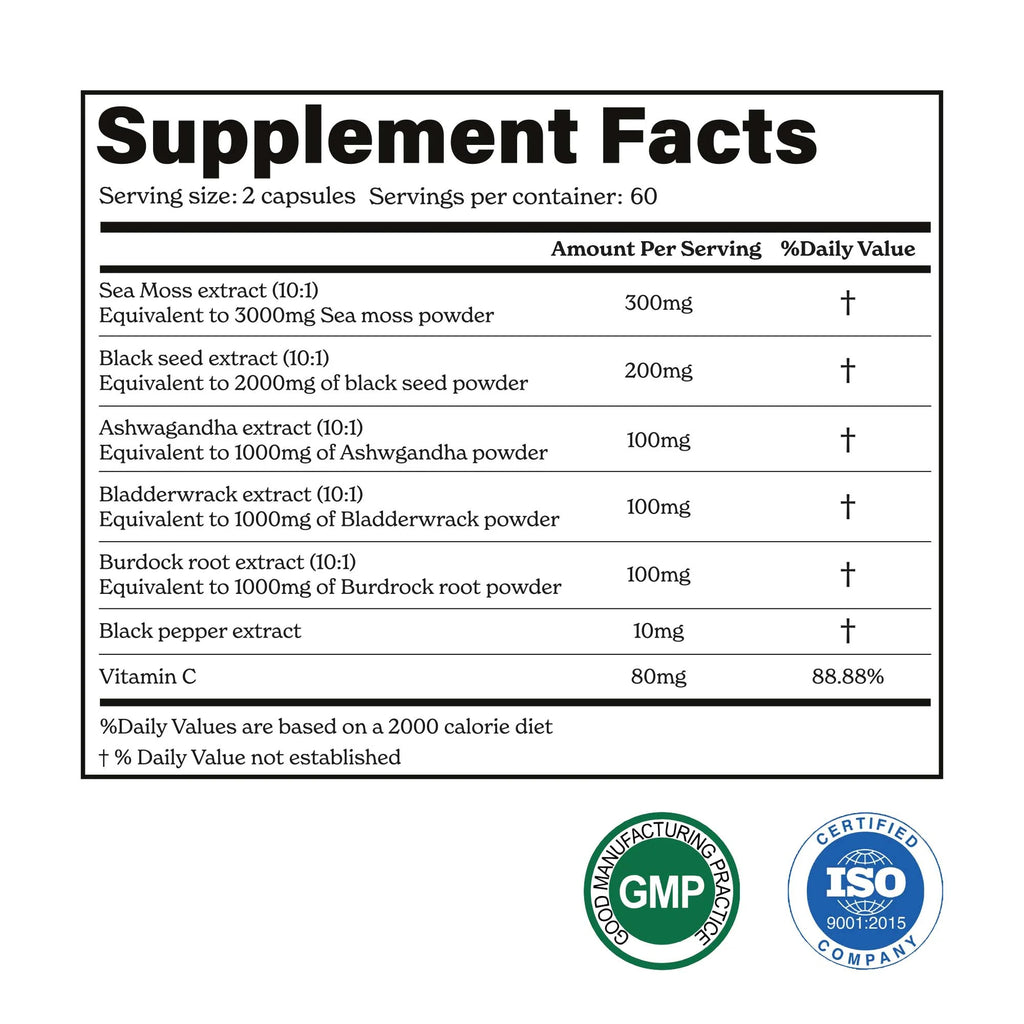 Supplement facts label with various extracts and vitamins on a white background
