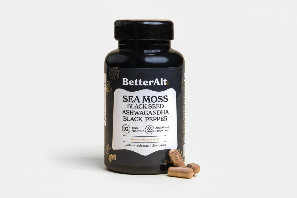 Black supplement bottle labeled 'BetterAlt' with capsules on a white background