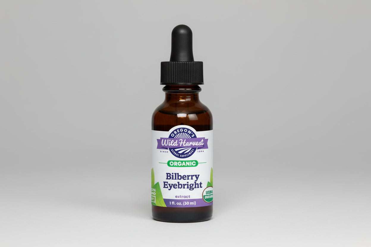 Bottle of Oregon's Wild Harvest Organic Bilberry Eyebright extract on a white background