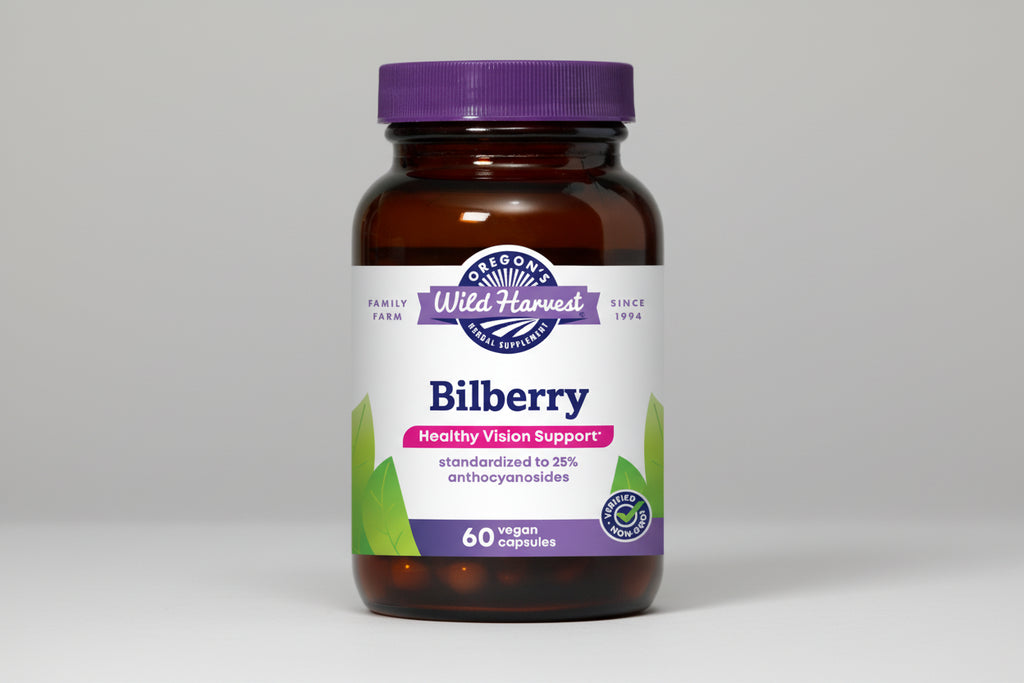 Bottle of Oregon's Wild Harvest Bilberry capsules with a purple cap and label.