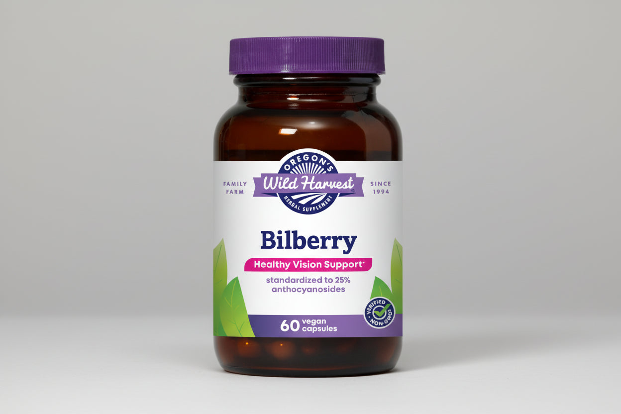 Bottle of Oregon's Wild Harvest Bilberry capsules with a purple cap and label.