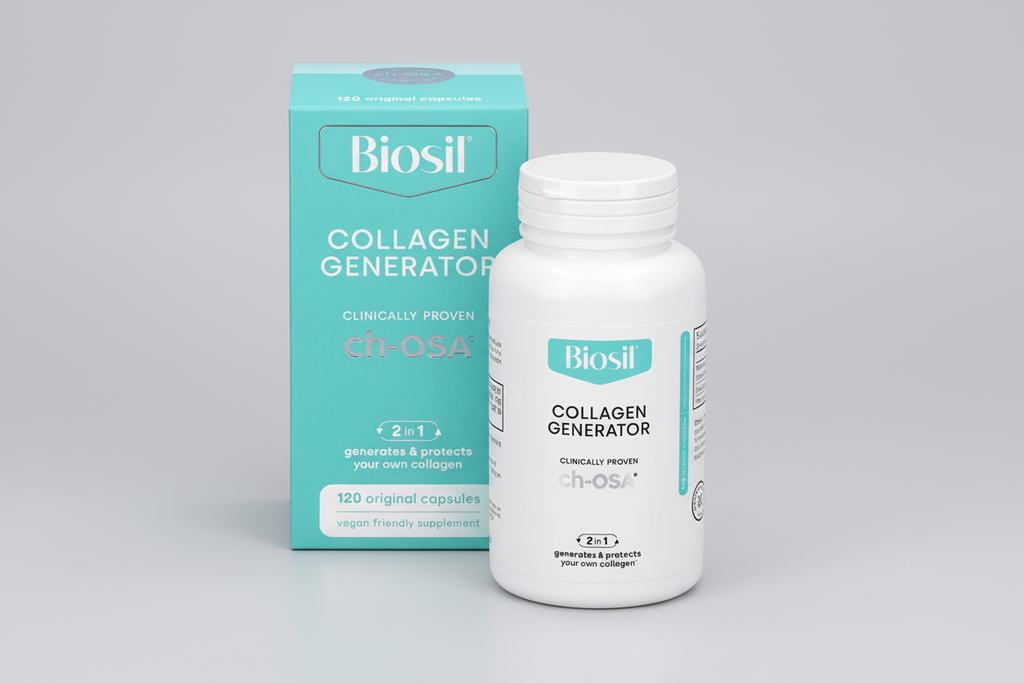 Biosil Collagen Generator supplement bottle and packaging on a white background