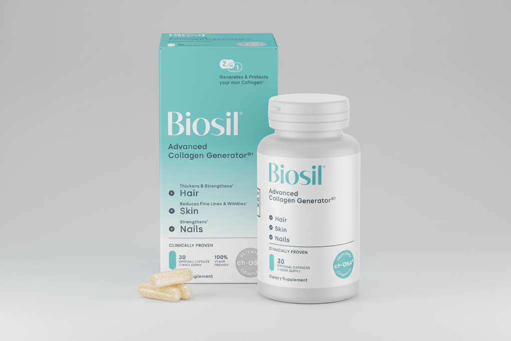 Biosil Advanced Collagen Generator supplement bottle and packaging on a white background