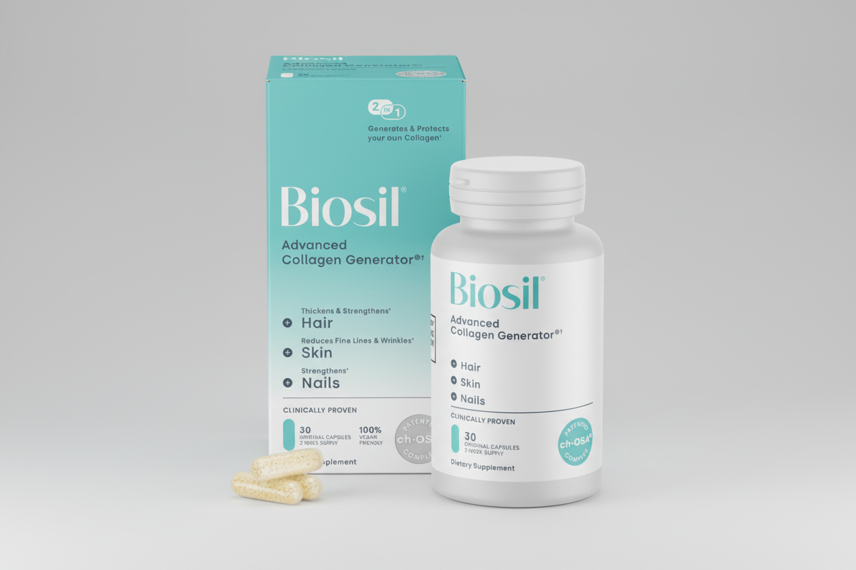 Biosil Advanced Collagen Generator supplement bottle and packaging on a white background