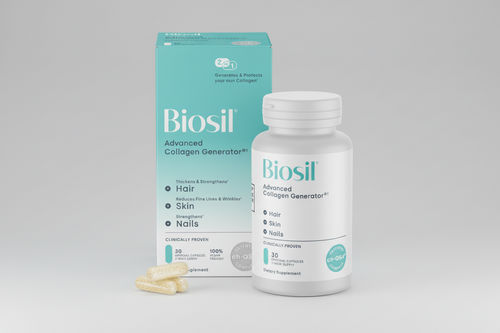 Biosil Advanced Collagen Generator supplement bottle and packaging on a white background