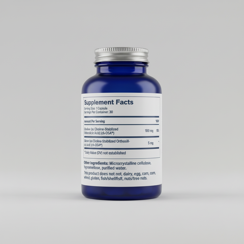 Supplement facts label for a product with choline-stabilized orthosilicic acid and silicon.