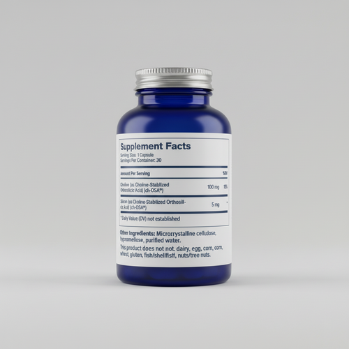 Supplement facts label for a product with choline-stabilized orthosilicic acid and silicon.