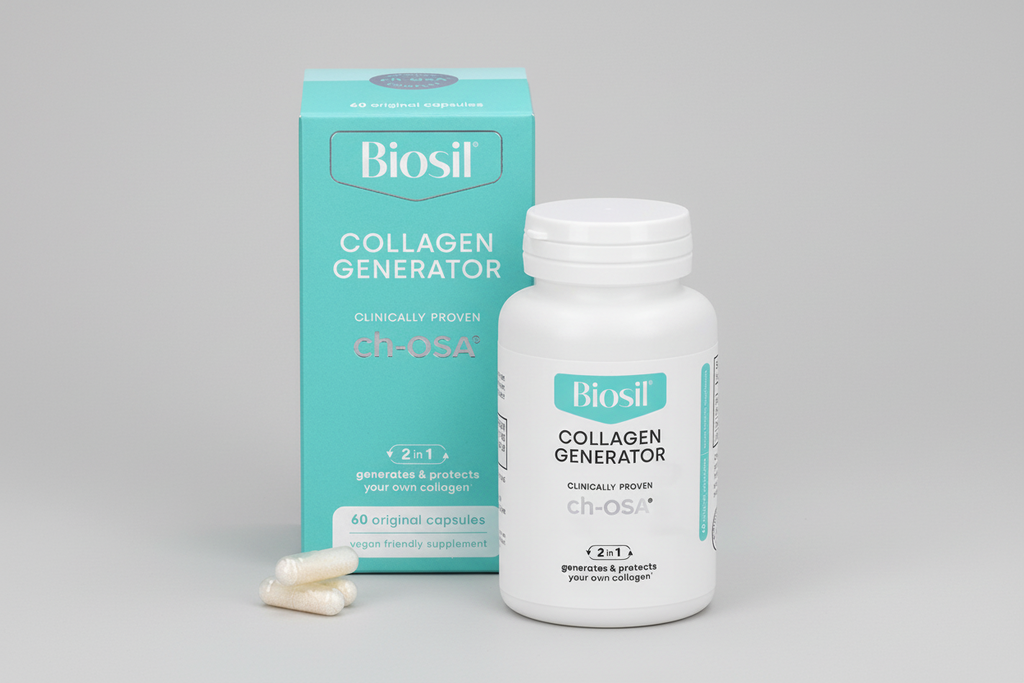 Biosil Collagen Generator supplement bottle and packaging on a white background