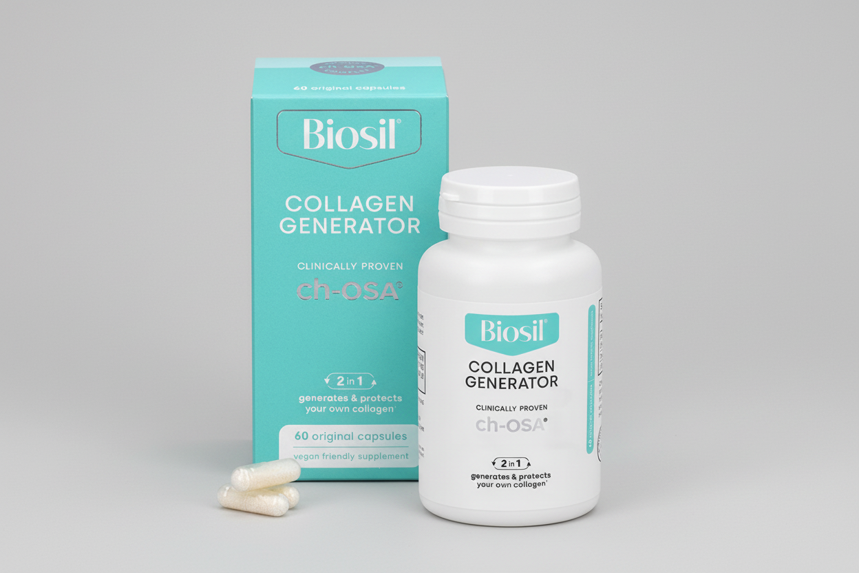 Biosil Collagen Generator supplement bottle and packaging on a white background