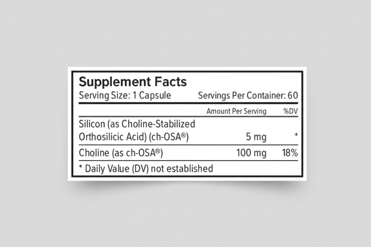 Supplement facts label with ch-OSA and Choline on a white background