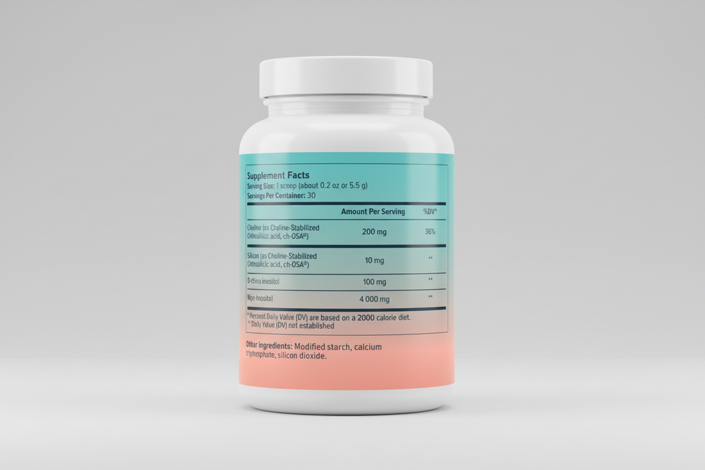 Supplement facts label with various nutrients and their amounts per serving on a gradient background.