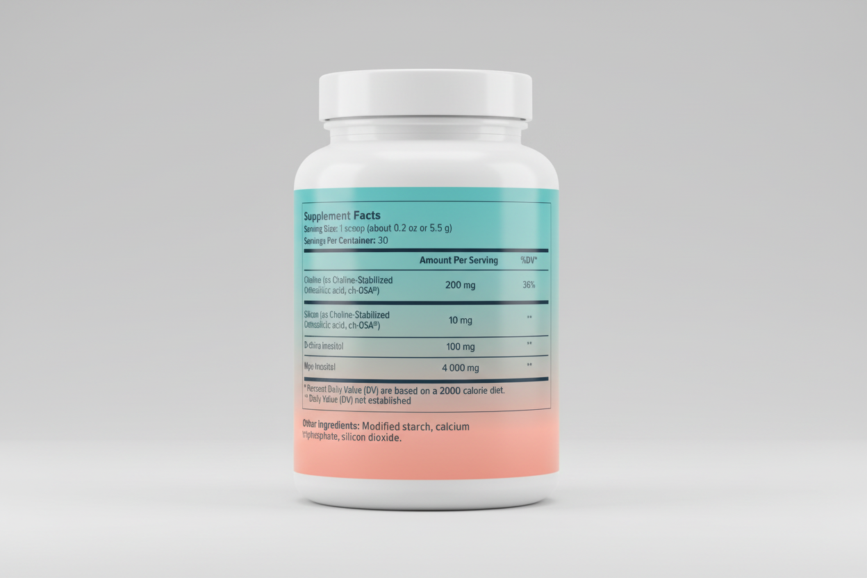 Supplement facts label with various nutrients and their amounts per serving on a gradient background.