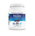 A white plastic supplement tub of Biotics Research NutriClear Chocolate powder, featuring a blue and white label with chocolate pieces illustrated on it, set against a plain white background.