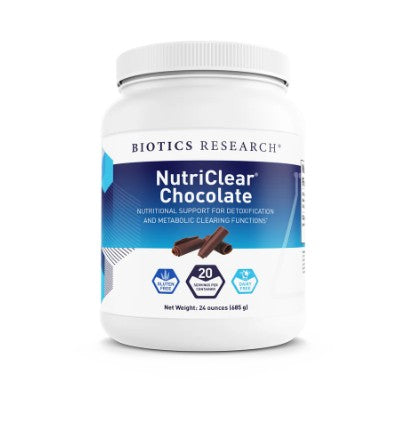 A white plastic supplement tub of Biotics Research NutriClear Chocolate powder, featuring a blue and white label with chocolate pieces illustrated on it, set against a plain white background.