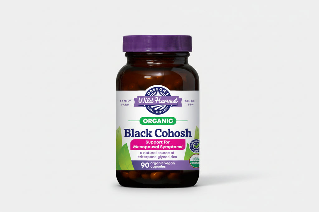 Oregon's Wild Harvest Black Cohosh supplement bottle with purple cap and label.