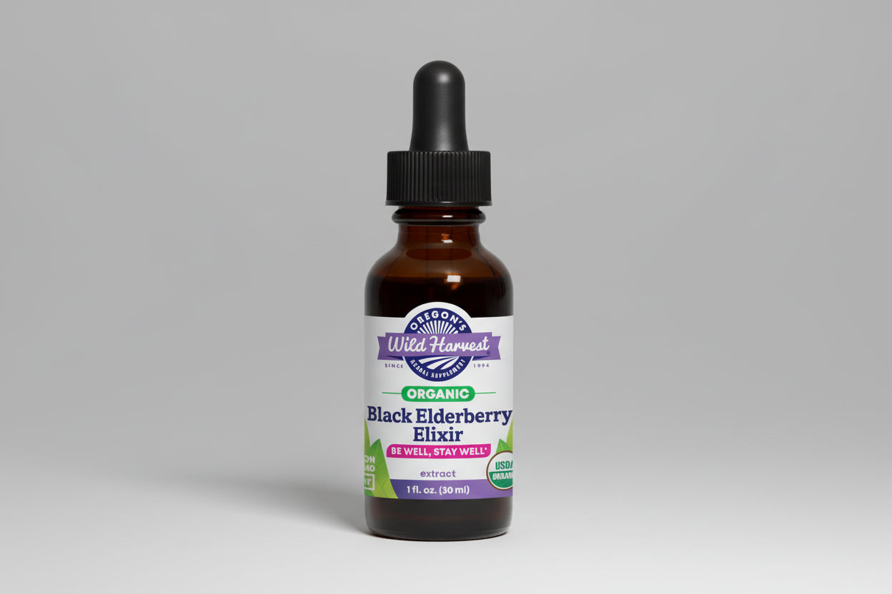 Bottle of Oregon's Wild Harvest Black Elderberry Elixir on a white background