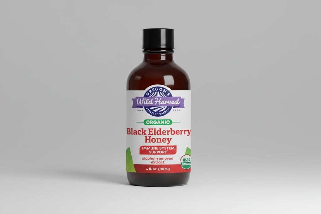 Bottle of Oregon's Wild Harvest Black Elderberry Honey on a white background