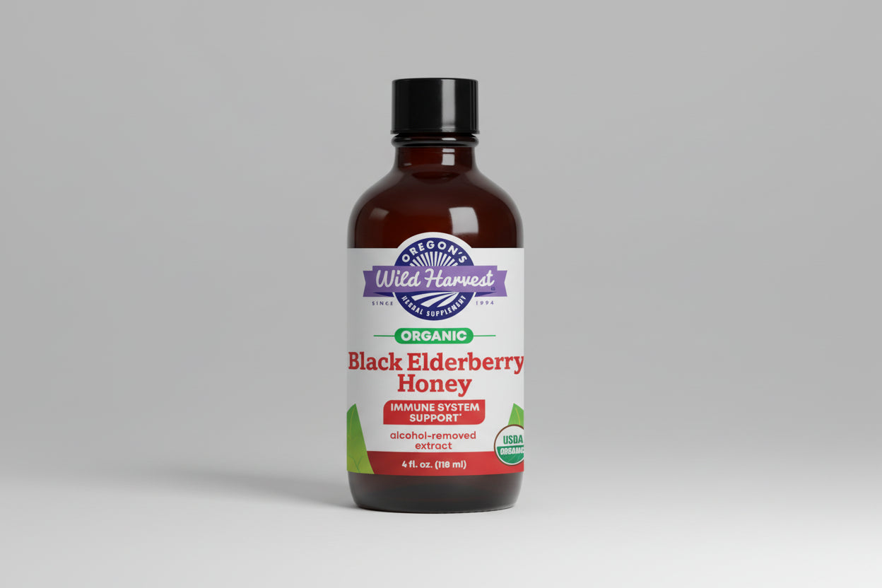 Bottle of Oregon's Wild Harvest Black Elderberry Honey on a white background