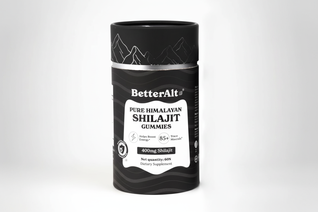 Black container of BetterAlt Pure Himalayan Shilajit Gummies on a white background