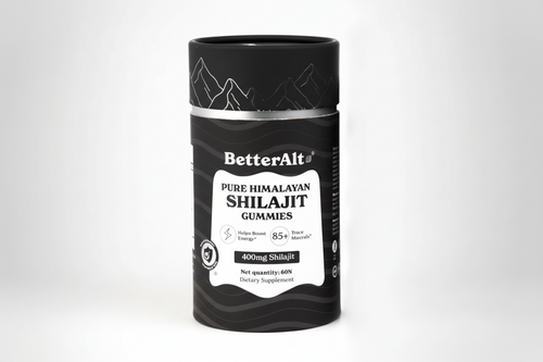 Black container of BetterAlt Pure Himalayan Shilajit Gummies on a white background