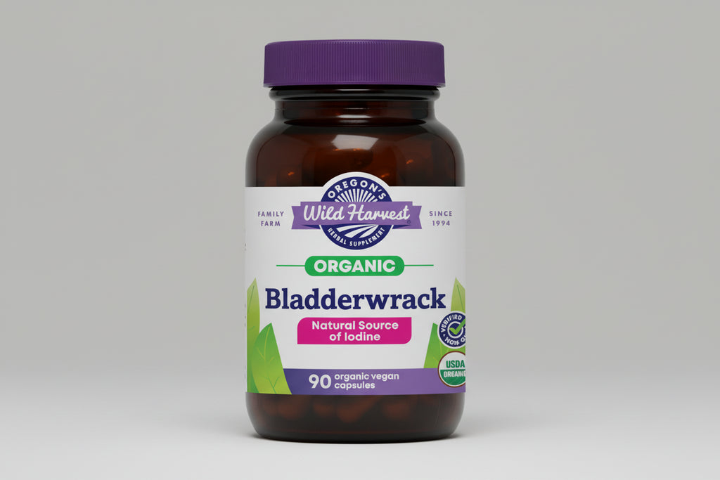 Oregon's Wild Harvest Bladderwrack supplement bottle with purple cap